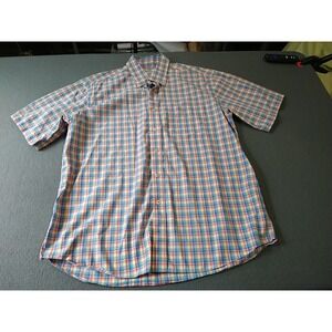 Alan Flusser Shirt Mens L Blue Plaid Office Work Nerd Button Down Short Sleeve